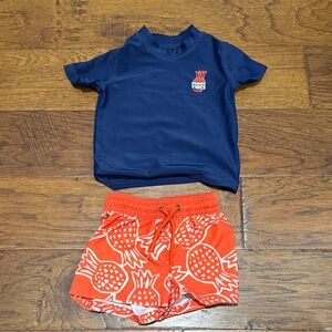 Navy Blue Shirt and Orange Pineapple Swim Shorts Set